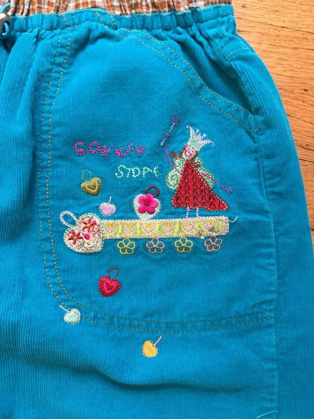 Sooky Story Fairy Patchwork Corduroy Pants Kids Vintage Blue Embroidered Drawstr